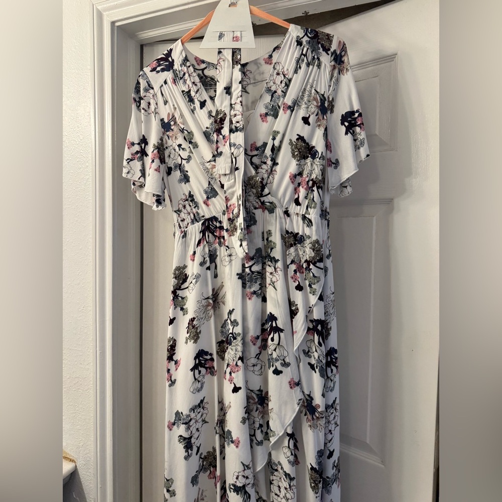White and Pink Flutter Sleeve Maxi Sundress for Wedding Guest